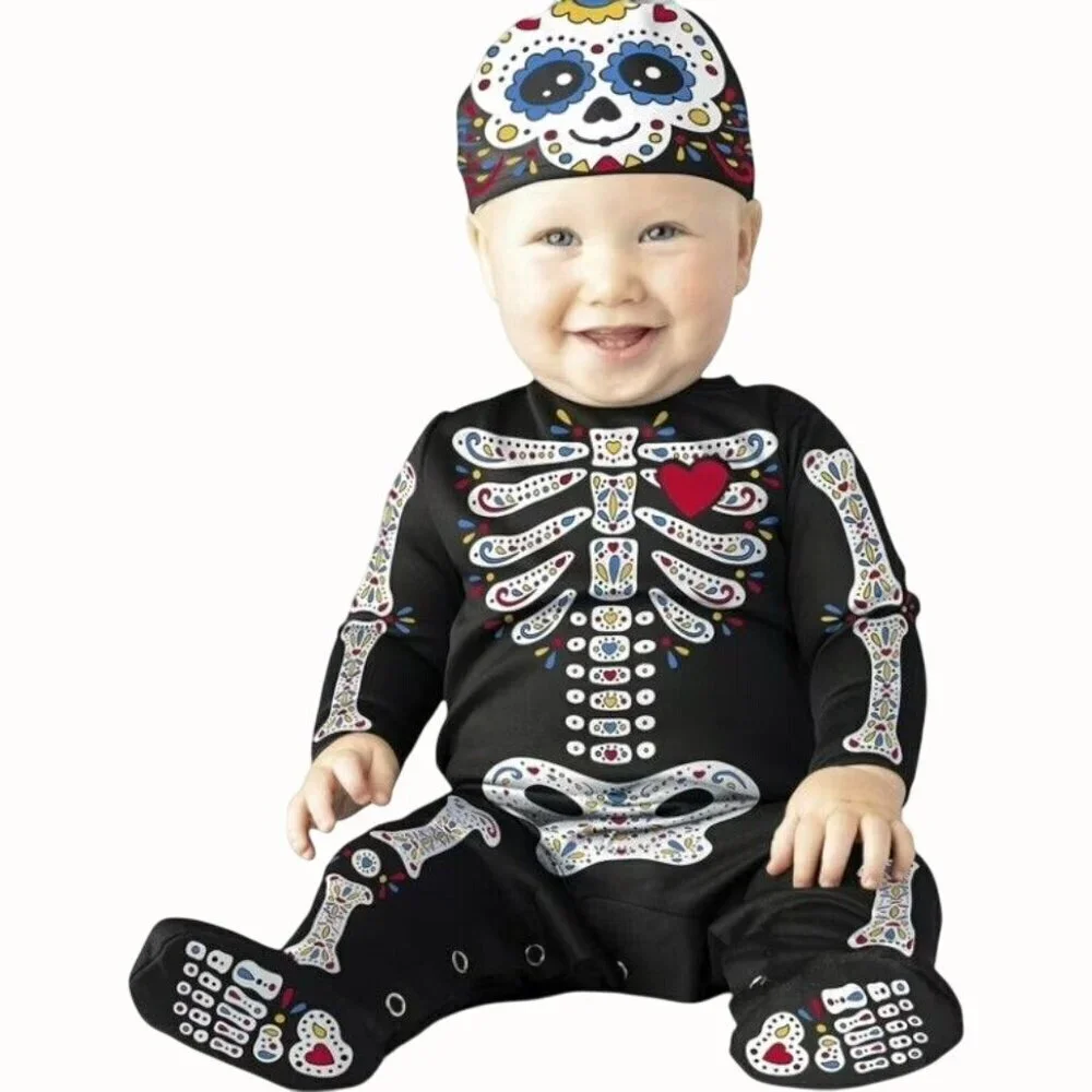 Infants Sugar Skull Skeleton Jumpsuit Cap Halloween Costume 0-6 Months Black NEW